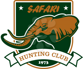 Hunting sport club team symbol. Safari hunt badge of green shield, elephant tusk, ribbon icons. Vector sign for africa hunting sport