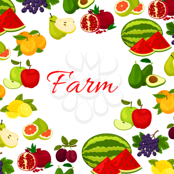Fruits poster. Fresh farm watermelon, orange, avocado, pomegranate, plum, grape, lemon, pomelo fruit icons in round frame for kitchen, store decoration design
