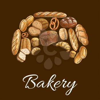 Bakery shop sign of bread icons. Wheat and rye bread loaf, bagel, croissant, pretzel, sweet bun in shape of croissant. Vector symbol for bakery shop, pastry, patisserie