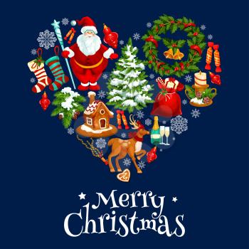 Heart shaped Christmas holiday poster with gift box, Santa Claus, xmas tree, holly berry wreath, candy, bell, candle, stocking sock, bauble ball, gingerbread house, snowflake and deer