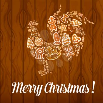 Merry Christmas greeting poster. Rooster cock symbol of gingerbread christmas ornaments santa, snowman, star, ball, bell, candy cane, heart, house, bow, cone on wooden background
