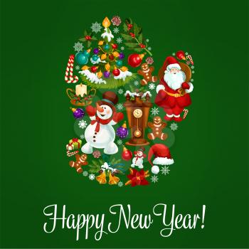 Happy New Year vector poster, greeting card with symbol of winter christmas mitten combined christmas tree ornaments, santa with gifts bag, snowman, gingerbread man, holly wreath, poinsettia star flow