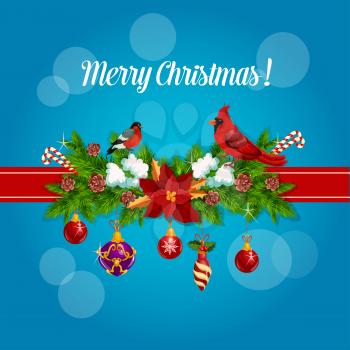 Merry Christmas greeting card, poster tied with red ribbon and decorated with christmas holly, pine, fir garland bow, christmas ornaments baubles, poinsettia star flower, redbird cardinal, bullfinch, 