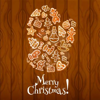 Gingerbread santa glove on wooden background poster. Ginger cookie man, candy cane, xmas tree, star, gift box, snowman, stocking sock, bauble, house, mitten and bow. Christmas greeting card design