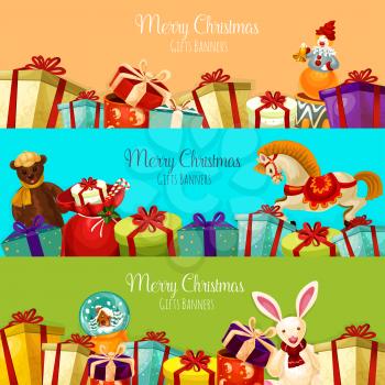 Christmas gift and toy banner set. Present boxes with bow and ribbon, santa bag with candy cane, plush bear and rabbit, snow globe, rocking horse and clown with bell. Xmas and New Year theme design
