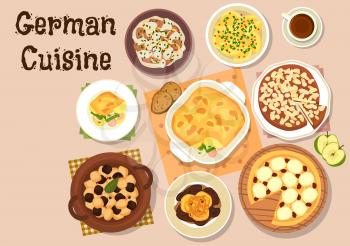 German cuisine icon with berliner pork liver with apple, mustard potato, beef stew with sour cream, vegetable sausage casserole, pork kidney beef stew, apple pie and cheesecake
