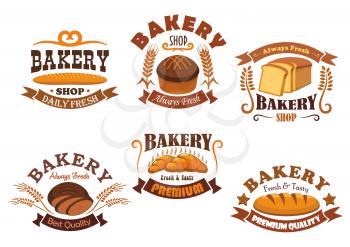 Bakery shop badge set of bread, french baguette, croissant, rye bread, wheat long loaf, toast bread with cereal ears, ribbon banner and vignette flourishes