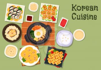 Korean cuisine sushi roll kimbap icon with mixed vegetable rice bibimbap, fried roll with vegetables, chicken mushroom rice, vegetable omelette, rice porridge, bean pancake with bacon