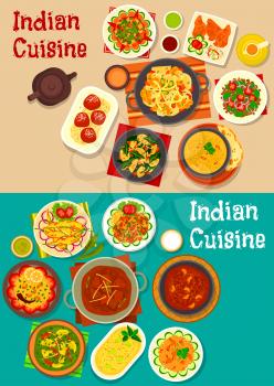 Indian cuisine dinner icon with lamb curry, chutney, vegetable and mushroom stew, vegetable salad, fried chilli, lentil soup, lemon rice, lamb meatball, rice with pork, yogurt dessert, fried milk ball