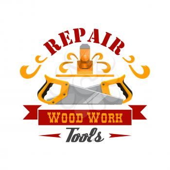 Repair and wood work tool sign. Hand instrument symbol with saw and jack plane, framed by ribbon banner and curly wood shavings. Tool shop badge, workshop signboard design