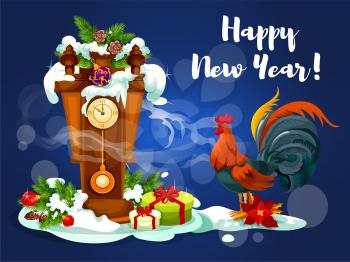 Chinese New Year rooster with gift greeting card. Present box with ribbon bow, clock with pine branch and bauble ball, covered with snow and rooster with poinsettia for winter holiday design
