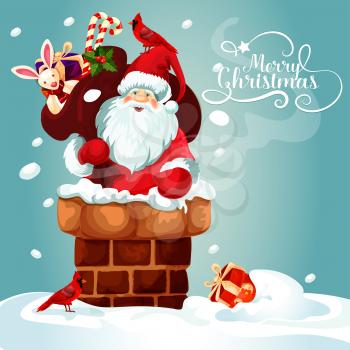 Christmas card with Santa Claus on the roof. Santa with gift bag full of present box, candy cane, holly berry and toy gets into the chimney. Merry Christmas festive poster design