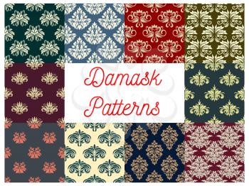 Damask flower seamless pattern. Set of damask floral ornament background with victorian flourishes, flower and leaf. Wallpaper and textile floral pattern design