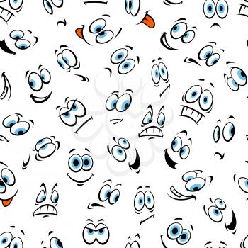 Face and smiley seamless pattern of cartoon emoticon with different facial expressions. Happy smiling, scared, surprised, angry, sad, excited, confused emotions background design