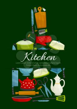 Cutting board with kitchen utensils poster. Cooking pot, knife, frying pan, spatula, grater, rolling pin, teapot, scissors, kettle, corkscrew, oven glove, salt and pepper shaker. Kitchen theme design