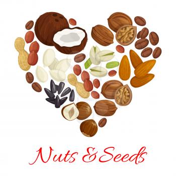 Heart of nut, seed and bean with peanut, hazelnut, almond, coffee, walnut, pistachio, sunflower and pumpkin seed, coconut. Vegetarian dessert, healthy snack food packaging label design