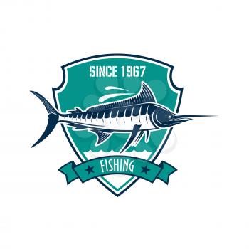 Fishing sport heraldic badge. Blue marlin fish with water waves on triangle shield with ribbon banner and star. Fishing sporting club or tournament design