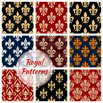 Fleur-de-lys seamless pattern background with french royal floral ornament of lily flower, adorned by victorian leaf scroll and flourishes. Vintage interior, wallpaper or french monarchy theme design