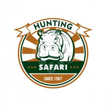 Hunting sport and african safari symbol. Hippo, framed by round badge with ribbon banner and star. Safari trip, outdoor adventure and hunting sporting club design