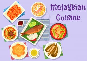 Malaysian cuisine fish curry icon served on banana leaf with chicken noodle soup, grilled fish with rice, fried chilli shrimp, beef ribs soup, pepper stuffed with fish, flower cake