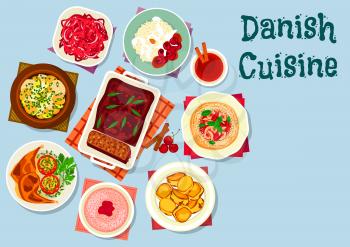 Danish and scandinavian cuisine dishes icon with fish vegetable stew, red cabbage salad, rice dessert, sweet potato, cherry bun, meat pate, chicken with potato, milk porridge with raspberry