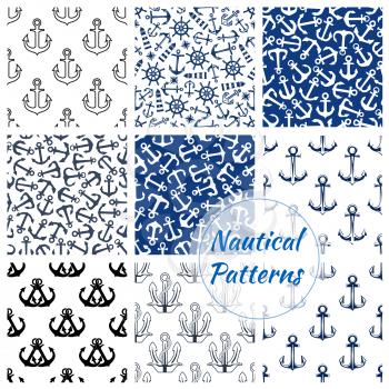 Nautical patterns set. Vector seamless marine background of ship anchor, sailor helm, beacon lighthouse. Navy pattern