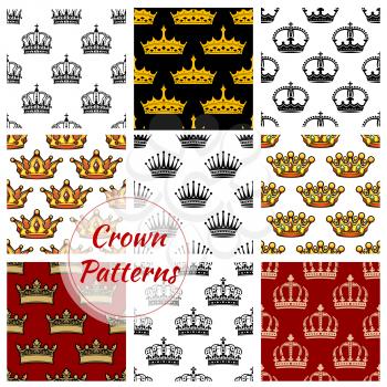 Royal crown patterns set. Vector seamless background of imperial king and queen golden crowns