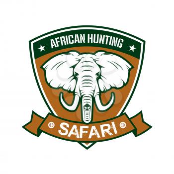 Hunting sport club sign. African safari hunter sport badge icon with shield, elephant tusk, ribbon. Wild animals hunt adventure