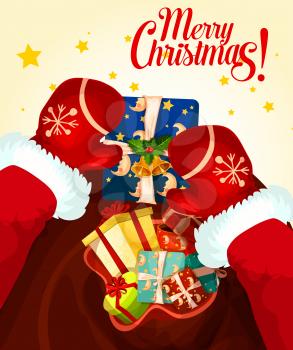 Santa Claus with gift bag Christmas greeting card. Santa in red gloves holding present box, decorated by ribbon bow, holly berry, bell and star. Merry Christmas, New Year and winter holidays design