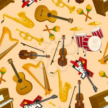 Music pattern. Vector seamless background of string and wind musical instruments electric and acoustic guitar, saxophone, harp, drum, violin bow, cymbals, trumpet, piano, maracas