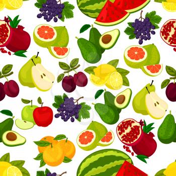 Fruits pattern. Vector seamless background of bright fresh juicy watermelon, orange, avocado, pomegranate, plum, grape, citrus lemon, pomelo, apple, pear, grape. Whole and sliced fruits