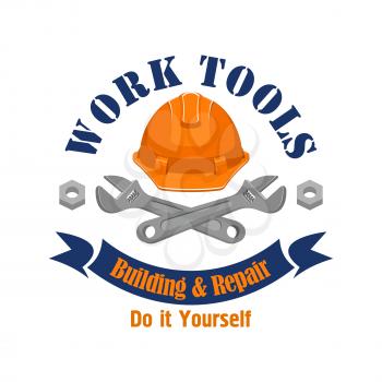 Repair and building vector sign, icon. Construction work tools spanners, worker safety helmet hat, bolts, nuts, ribbon