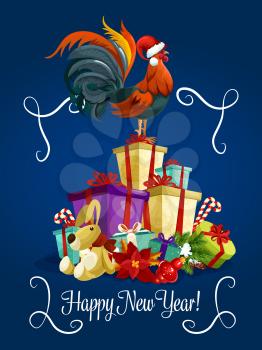 New Year holiday greeting card with rooster cock standing on christmas gifts heap. Symbol of 2017 New Year