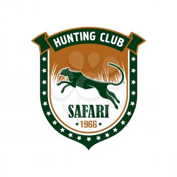 Hunting sign. Hunters sport club vector isolated icon badge. African safari hunt adventure symbol with leopard, cheetah panther, shield, savannah, ribbon