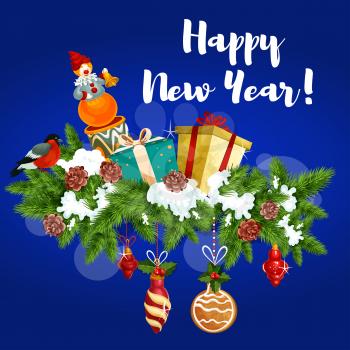New Year greeting poster with gift, toy and pine tree. Pine and fir tree garland with present, gingerbread, bauble ball with bow and holly berry, clown doll, bullfinch. New Year holidays card design