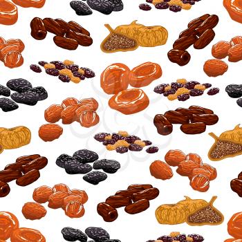 Dried fruit seamless pattern background with raisins, prune, dried apricot, date, fig and cherry. Healthy dessert, snack food and confectionery themes design