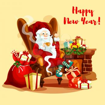 Santa Claus resting with cup of tea near fireplace, decorated with holly berry garland, gift and present boxes, candy cane and toy rabbit. Christmas card or New Year holiday design