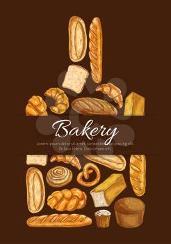 Bakery symbol. Baker shop poster in shape of cutting board with sketch bread icons. Wheat and rye bread loaf, bagel, croissant, pretzel, sweet bun, cinnamon roll, muffin, dessert pie