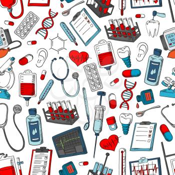 Medical tools and medicine pattern. Vector seamless background of medical treatments, items, doctor, pills, drugs, lungs, microscope, heart, blood, dna, x-ray, ointment, dropper, lungs, heart organ, d