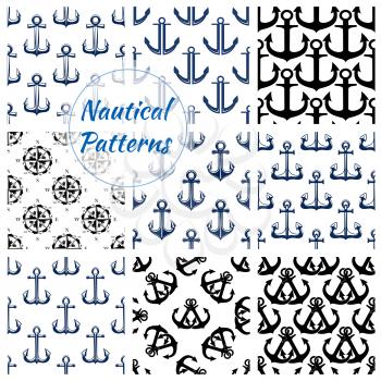 Nautical patterns set. Vector seamless background of blue anchor, ship helm, compass and wind rose. Tiles design of marine and ship heraldic navy symbols, sailor and vessel maritime, naval equipment i