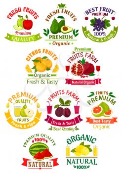 Fruit juice drink isolated icons and badges. Vector juicy apple, guava, grape, orange, pomegranate and pear, plum, pomelo, watermelon, lemon citrus