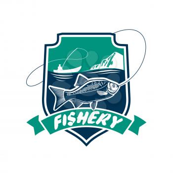Fishery icon. Fish and seafood industry vector isolated badge with fisherman in boat, fishing rod, fish on hook, sea water. Fishing sport adventure club emblem or sign