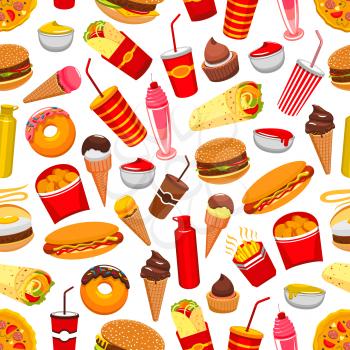Fast food background. Seamless pattern with vector flat icons of cheeseburger, pizza, burrito, french fries, nachos chips, hot dog, soda drink, ice cream, popcorn, tacos, donuts, meal snacks, drinks, 