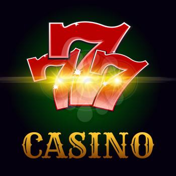 Casino poker game vector poster. Successful jackpot lucky number 7 in golden sparkling light and Vegas style letters on green poker game table background for bets or casino roulette advertising