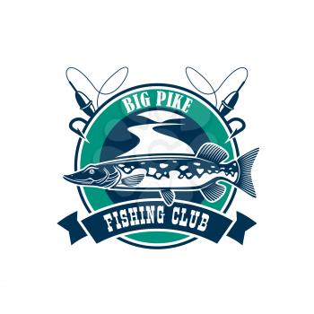 Fishing club isolated icon. Vector fisherman adventure and camping sport sign or badge with circle emblem and big pike fish, fishing rod with floats on river water and ribbon design