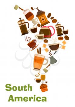 South Africa coffee map symbol. Vector coffee beans in mills, coffee makers, hot cappuccino mugs with chocolate. Coffee drinks of mocha, latte coffee, biscuit dessert