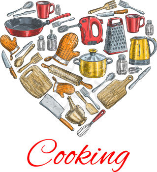 Cooking kitchenware poster. Vector heart symbol of sketched kitchen and cooking utensils electric kettle, grater, mixer, saucepan, frying pan, cooking glove, cup, mortar, cup, salt, pepper, spatula, k