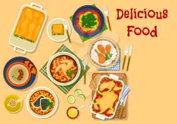 Dinner dishes icon with chicken in mustard sauce with rice, lasagna, meat casserole, mushroom cheese soup, chicken vegetable stew, shrimp and watermelon salad, perch with beans. Restaurant menu design