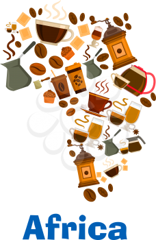 Coffee beans, mills, cups in shape of Africa continent map. Vector pattern of coffee makers, chocolates, hot cappuccino, mocha, latte coffee, muffin, turkish cezve for cafe design