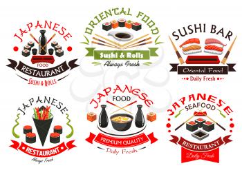 Japanese seafood emblems. Oriental cuisine vector signs with sushi shrimp rolls, salmon sashimi, steamed rice and miso soup bowl, seaweed, wasabi, soy sauce bottle, chopsticks and ribbons for sushi ba